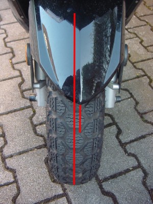 Man sieht bei dieser Frontalaufnahme ganz gut die seitliche Verschiebung des "Schutzblechs" gegenüber dem Rad...