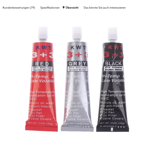 RTV-Ölwannendichtung Silikon schwarz, grau, rot 85ml -80/315°C 4,49€ kostenloser Versand bei Bestellung über 10€ (zum Einkleben der Wellendichtringe AØ40 auf AØ42mm rund herum mit ca. 1mm breitem Silikon-Ring aus stark klebender RTV-Ölwannendichtung +O-Ring Silikon VMQ OD42mm ID40mm CS 1mm aus Silikon als Zentrierhilfe)