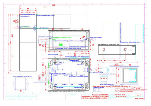 vorläufige Version vom Gehäuse V01a, mit 3x Sitzbank 47x40x34cm für Ladefläche und Klapptischentwurf 100x25cm mit 2x Bracket 200x103mm 8 Zoll VA, montiert am Aluprofil 50x50x2mm 1,06m vom Solardach, mit 2x Winkel 50x50x40x2mm