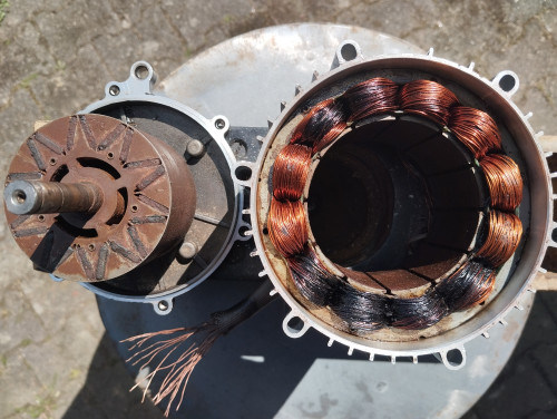 6x schwarze Kupferwindung 19x parallel Ø0,55mm verbrannt bzw. überhitzt, hier bereits grob gereinigt da sonst nichts zu erkenne wäre.