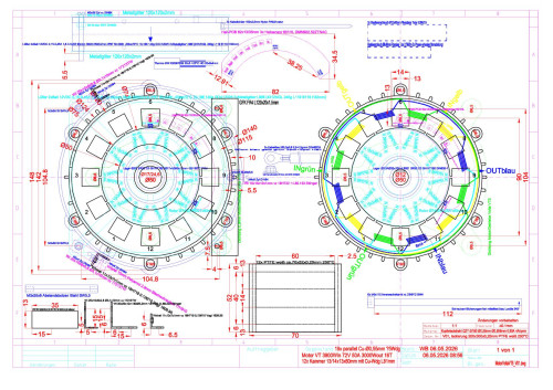 MotorVoltaVT5_V01b im linken Teil vom Motor sieht man den 12025 Lüfter in Cyan mit 4x Winkel und 3x Abstandsbolzen I/I M3x60x6mm SW5,5, optionalen 35°C Thermoschalter KSD9700 NO (Normally Open) auf Motorkühlrippen kleben mit UHU Endfest 300